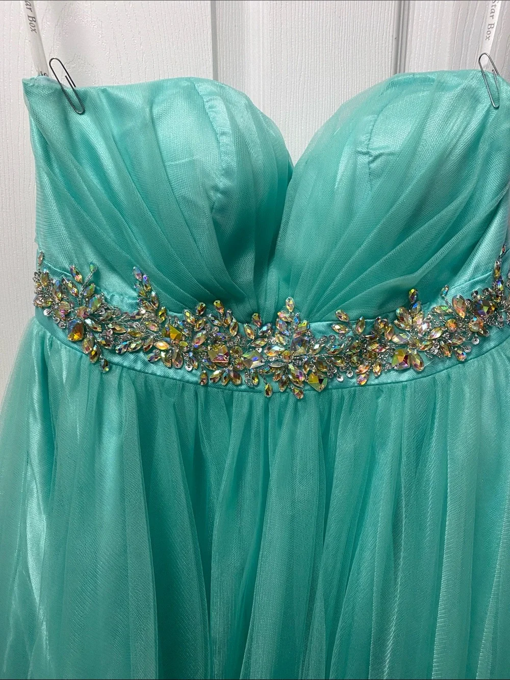 Sherri Hill Aqua Tulle Party Dress with Jeweled Waistband